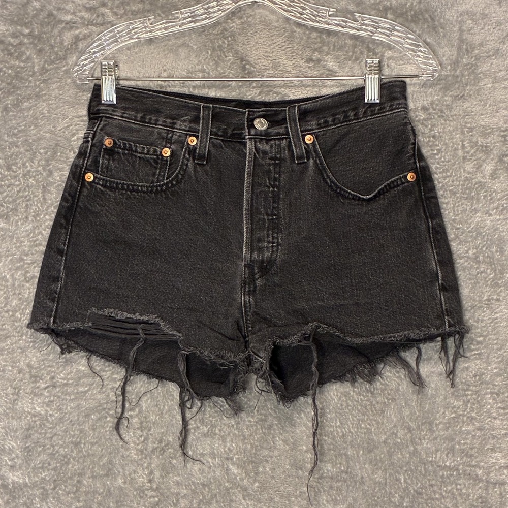 Levis 501 Women Button Cut Off Black Denim Shorts 26 Indie Boho Festival Concert